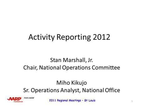 Activity Reporting 2012 Stan Marshall, Jr. Chair, National Operations Committee Miho Kikujo Sr. Operations Analyst, National Office 1 2011 Regional Meetings.