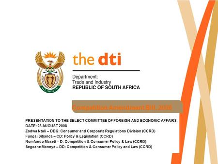 Competition Amendment Bill, 2008 PRESENTATION TO THE SELECT COMMITTEE OF FOREIGN AND ECONOMIC AFFAIRS DATE: 28 AUGUST 2008 Zodwa Ntuli – DDG: Consumer.