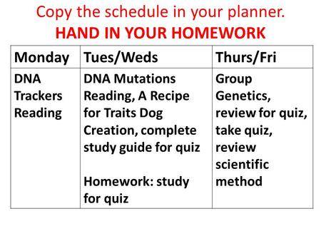 Copy the schedule in your planner. HAND IN YOUR HOMEWORK MondayTues/WedsThurs/Fri DNA Trackers Reading DNA Mutations Reading, A Recipe for Traits Dog Creation,