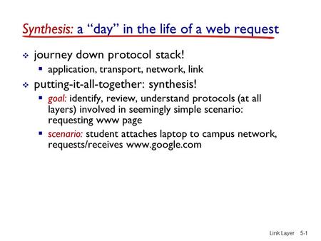 Link Layer5-1 Synthesis: a “day” in the life of a web request  journey down protocol stack!  application, transport, network, link  putting-it-all-together:
