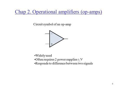 0 Chap 2. Operational amplifiers (op-amps) Circuit symbol of an op-amp Widely used Often requires 2 power supplies + V Responds to difference between.