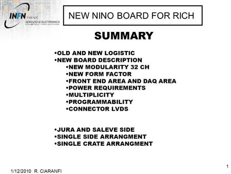 1/12/2010 R. CIARANFI 1 NEW NINO BOARD FOR RICH OLD AND NEW LOGISTIC NEW BOARD DESCRIPTION NEW MODULARITY 32 CH NEW FORM FACTOR FRONT END AREA AND DAQ.