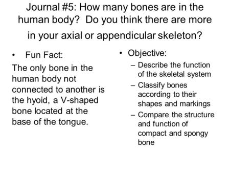 Journal #5: How many bones are in the human body? Do you think there are more in your axial or appendicular skeleton? Fun Fact: The only bone in the human.