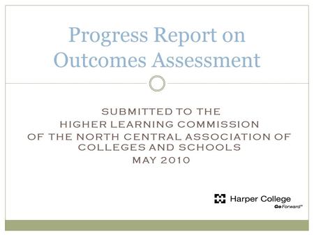 SUBMITTED TO THE HIGHER LEARNING COMMISSION OF THE NORTH CENTRAL ASSOCIATION OF COLLEGES AND SCHOOLS MAY 2010 Progress Report on Outcomes Assessment.