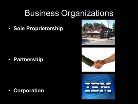Business Organizations Sole Proprietorship Partnership Corporation.