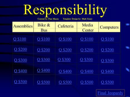 Responsibility Content by: Pam Mason Template Design by: Mark Geary Assemblies Bike & Bus Cafeteria Media Center Computers Q $100 Q $200 Q $300 Q $400.
