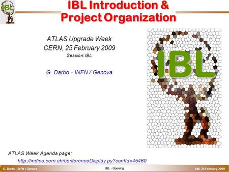 IBL - Opening G. Darbo - INFN / Genova AW, 25 February 2009 o IBL Introduction & Project Organization ATLAS Upgrade Week CERN, 25 February 2009 Session: