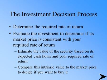 The Investment Decision Process Determine the required rate of return Evaluate the investment to determine if its market price is consistent with your.