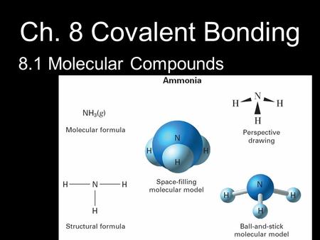 Ch. 8 Covalent Bonding 8.1 Molecular Compounds. I. Molecules A. Neutral groups of atoms joined by covalent bonds B. Covalent bonds: atoms share electrons.