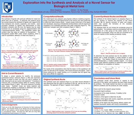 Exploration into the Synthesis and Analysis of a Novel Sensor for Biological Metal Ions Alexis Kasparian Advisor: Dr. Roy Planalp