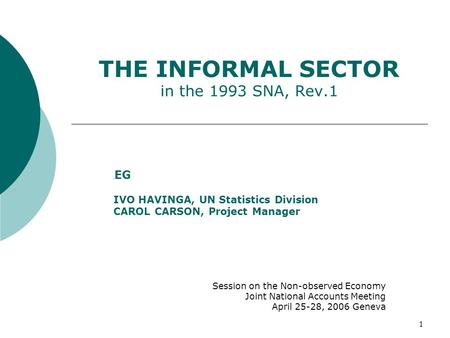 1 THE INFORMAL SECTOR in the 1993 SNA, Rev.1 1 A EG IVO HAVINGA, UN Statistics Division CAROL CARSON, Project Manager Session on the Non-observed Economy.