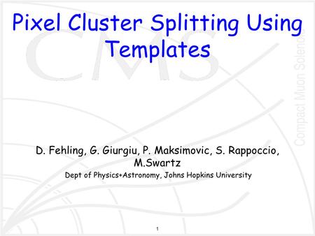 1 Pixel Cluster Splitting Using Templates D. Fehling, G. Giurgiu, P. Maksimovic, S. Rappoccio, M.Swartz Dept of Physics+Astronomy, Johns Hopkins University.