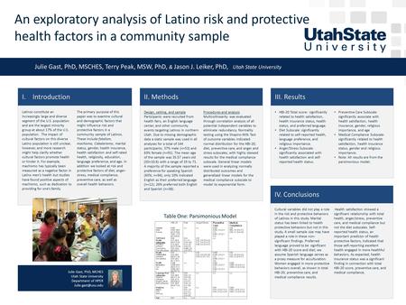 An exploratory analysis of Latino risk and protective health factors in a community sample Julie Gast, PhD, MSCHES, Terry Peak, MSW, PhD, & Jason J. Leiker,