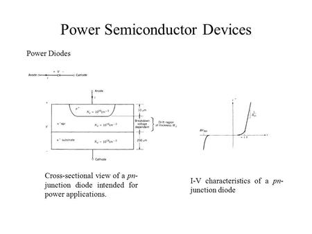 Power Semiconductor Devices Power Diodes Cross-sectional view of a pn- junction diode intended for power applications. I-V characteristics of a pn- junction.