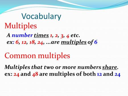 Vocabulary Multiples Common multiples A number times 1, 2, 3, 4 etc.