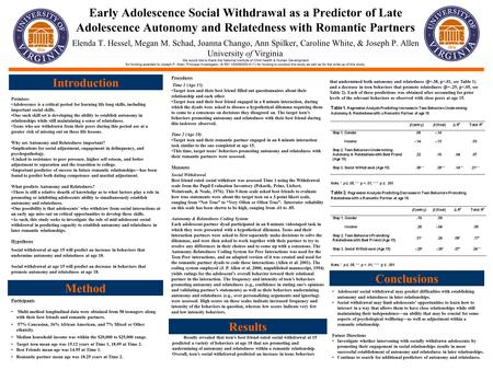 Early Adolescence Social Withdrawal as a Predictor of Late Adolescence Autonomy and Relatedness with Romantic Partners. Elenda T. Hessel, Megan M. Schad,