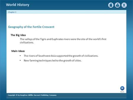 Next Copyright © by Houghton Mifflin Harcourt Publishing Company Chapter 3 World History Geography of the Fertile Crescent The valleys of the Tigris and.
