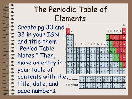 The Periodic Table of Elements Create pg 30 and 32 in your ISN and title them “Period Table Notes.” Then, make an entry in your table of contents with.
