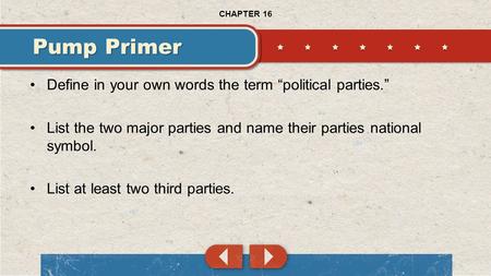 Define in your own words the term “political parties.” List the two major parties and name their parties national symbol. List at least two third parties.
