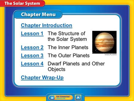 Chapter Menu Chapter Introduction Lesson 1Lesson 1The Structure of the Solar System Lesson 2Lesson 2The Inner Planets Lesson 3Lesson 3The Outer Planets.