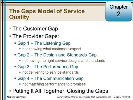 2-1 The Gaps Model of Service Quality  The Customer Gap  The Provider Gaps:  Gap 1 – The Listening Gap  not knowing what customers expect  Gap 2 –