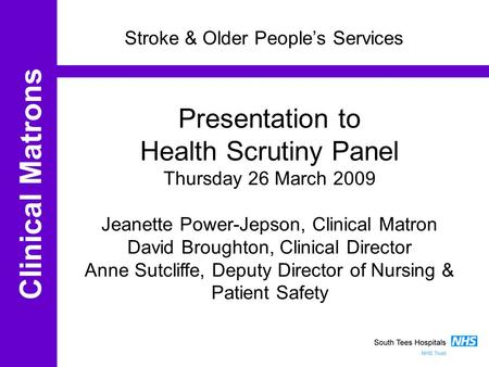 Clinical Matrons Stroke & Older People’s Services Presentation to Health Scrutiny Panel Thursday 26 March 2009 Jeanette Power-Jepson, Clinical Matron David.