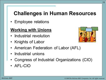 © 2009 The McGraw-Hill Companies, Inc. All rights reserved. 15 McGraw-Hill Challenges in Human Resources Employee relations Working with Unions Industrial.