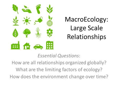 MacroEcology: Large Scale Relationships Essential Questions: How are all relationships organized globally? What are the limiting factors of ecology? How.