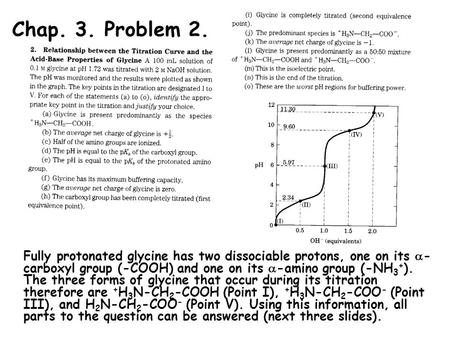 Chap. 3. Problem 2. Fully protonated glycine has two dissociable protons, one on its -carboxyl group (-COOH) and one on its -amino group (-NH3+). The.