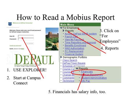 How to Read a Mobius Report 1.USE EXPLORER! 2.Start at Campus Connect 4. Reports 3. Click on “For Employees” 5. Financials has salary info, too.
