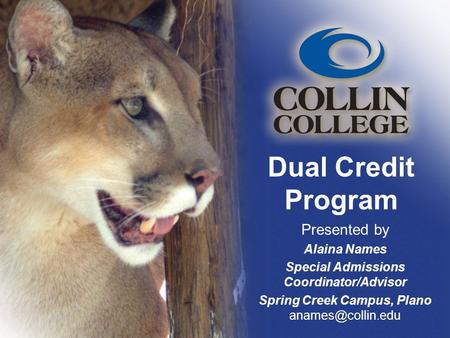 Dual Credit Program Presented by Alaina Names Special Admissions Coordinator/Advisor Spring Creek Campus, Plano