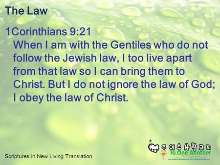 Scriptures in New Living Translation The Law 1Corinthians 9:21 When I am with the Gentiles who do not follow the Jewish law, I too live apart from that.