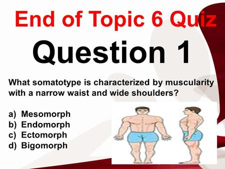End of Topic 6 Quiz Question 1 What somatotype is characterized by muscularity with a narrow waist and wide shoulders? a)Mesomorph b)Endomorph c)Ectomorph.