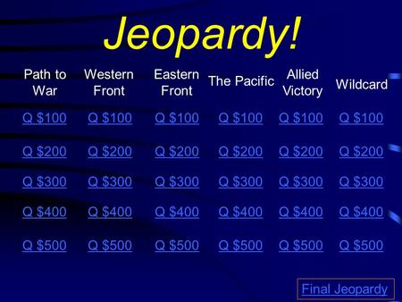 Jeopardy! Path to War Western Front Eastern Front The Pacific Allied Victory Q $100 Q $200 Q $300 Q $400 Q $500 Q $100 Q $200 Q $300 Q $400 Q $500 Final.