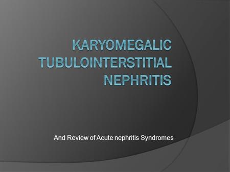And Review of Acute nephritis Syndromes. Karyomegalic Tubulointerstitial Nephritis  Symptoms: Recurrent Pneumonias Renal failure leading invariably to.