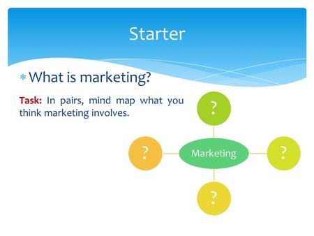  What is marketing? Task: In pairs, mind map what you think marketing involves. Starter Marketing ????