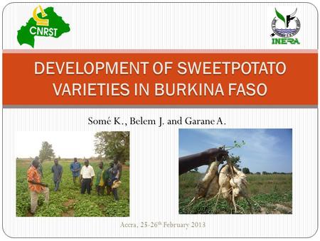 Somé K., Belem J. and Garane A. DEVELOPMENT OF SWEETPOTATO VARIETIES IN BURKINA FASO Accra, 25-26 th February 2013.