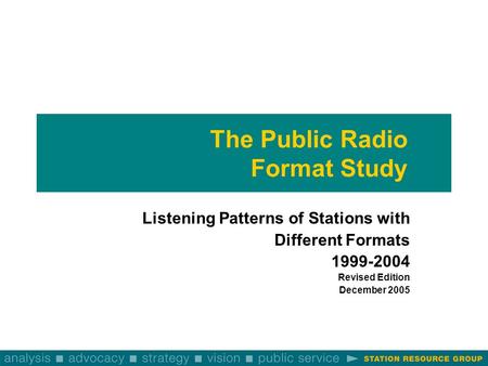 The Public Radio Format Study Listening Patterns of Stations with Different Formats 1999-2004 Revised Edition December 2005.
