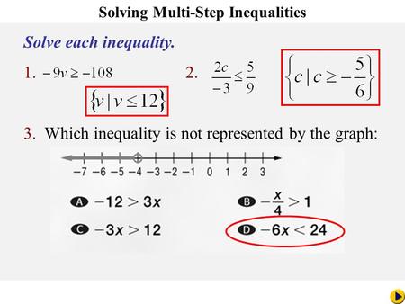 Math Pacing Solving Multi-Step Inequalities Solve each inequality. 1.2. 3. Which inequality is not represented by the graph: