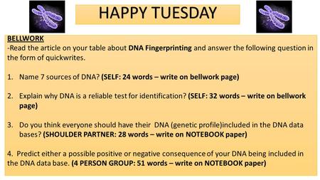 HAPPY TUESDAY BELLWORK -Read the article on your table about DNA Fingerprinting and answer the following question in the form of quickwrites. 1.Name 7.