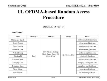 Doc.: IEEE 802.11-15/1105r0 Submission September 2015 Chittabrata Ghosh, et al. (Intel)Slide 1 UL OFDMA-based Random Access Procedure Date: 2015-09-14.