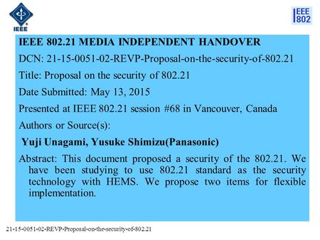 IEEE 802.21 MEDIA INDEPENDENT HANDOVER DCN: 21-15-0051-02-REVP-Proposal-on-the-security-of-802.21 Title: Proposal on the security of 802.21 Date Submitted: