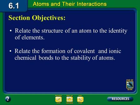 6.1 Section Objectives – page 141 Relate the structure of an atom to the identity of elements. Section Objectives: Relate the formation of covalent and.