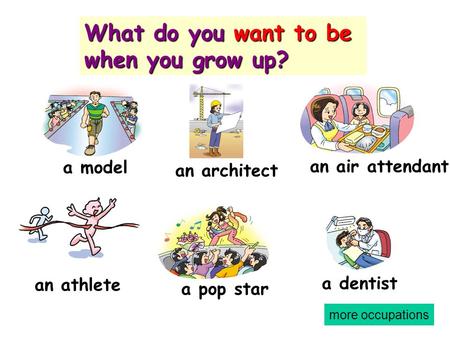 What do you want to be when you grow up? an air attendanta pop star a model a dentist an architect an athlete more occupations.