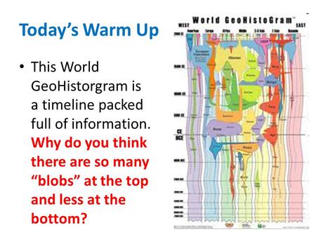 Today’s Warm Up This World GeoHistorgram is a timeline packed full of information. Why do you think there are so many “blobs” at the top and less at the.