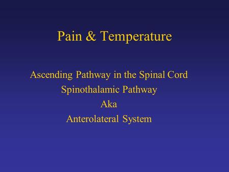 Pain & Temperature Ascending Pathway in the Spinal Cord Spinothalamic Pathway Aka Anterolateral System.