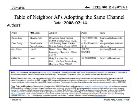 Doc.: IEEE 802.11-08/0787r2 Submission July 2008 Ruijun Feng, China Mobile Table of Neighbor APs Adopting the Same Channel Date: 2008-07-14 Authors: Notice: