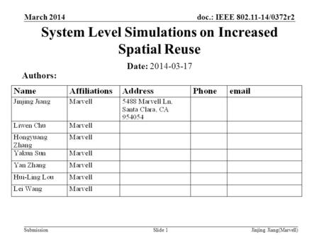Submission doc.: IEEE 802.11-14/0372r2 Slide 1 System Level Simulations on Increased Spatial Reuse Date: 2014-03-17 Authors: Jinjing Jiang(Marvell) March.