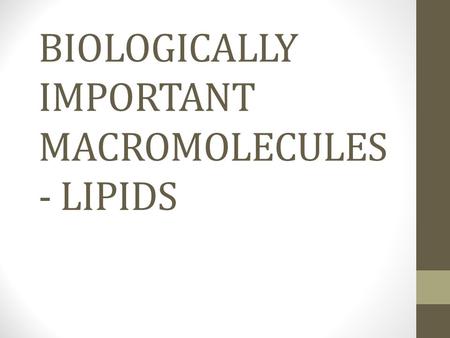 BIOLOGICALLY IMPORTANT MACROMOLECULES - LIPIDS. LIPIDS Fats Composed of carbon, hydrogen and oxygen -Fewer oxygen, greater carbon and hydrogen Hydrophobic.