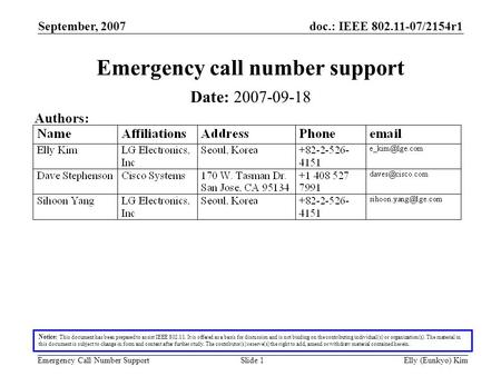Doc.: IEEE 802.11-07/2154r1 Emergency Call Number Support September, 2007 Elly (Eunkyo) KimSlide 1 Emergency call number support Date: 2007-09-18 Authors: